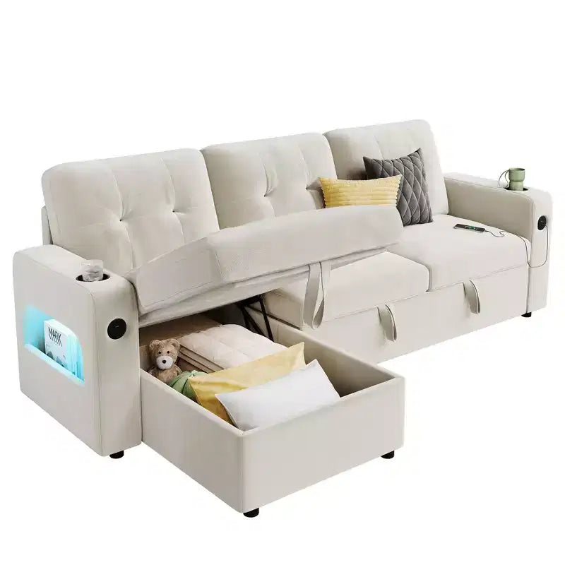 84 Convertible Sectional Sofa, L Shaped Couch with Pull Out Bed, Sleeper Sofa with Storage Chaise, Velvet Reversible Chaise Lounge for Living Room