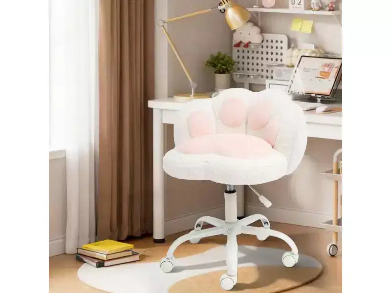 Vanity Chair with Cat Back, Height Adjustable Swivel Chair, Cute Teddy Fabric Rolling Desk Chair for Bedroom Office