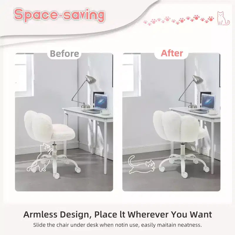 Vanity Chair with Cat Back, Height Adjustable Swivel Chair, Cute Teddy Fabric Rolling Desk Chair for Bedroom Office