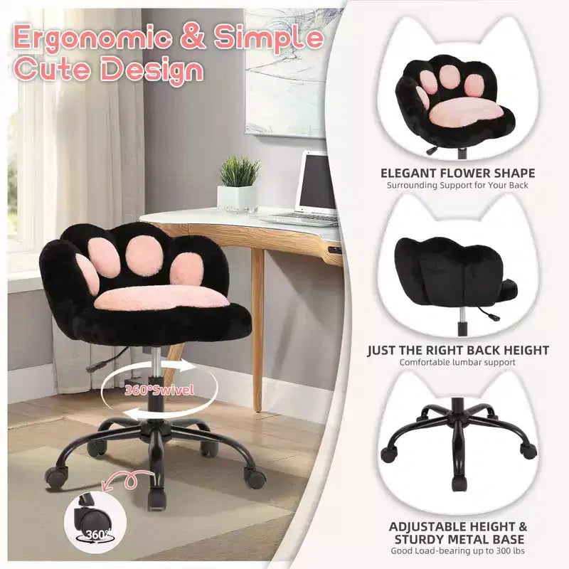 Vanity Chair with Cat Back, Height Adjustable Swivel Chair, Cute Teddy Fabric Rolling Desk Chair for Bedroom Office