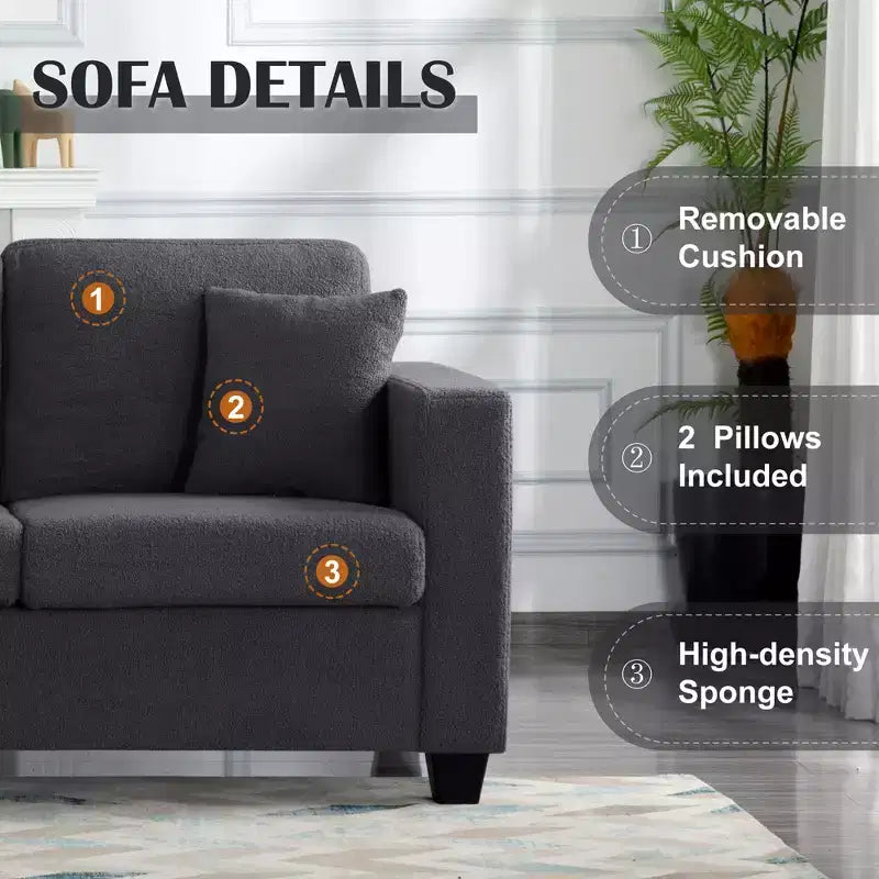 Canapé MAYEERTY 86.6 moderne en tissu Teddy - Assise extra large et profonde, housses amovibles et lavables, 2 coussins, 3 coloris