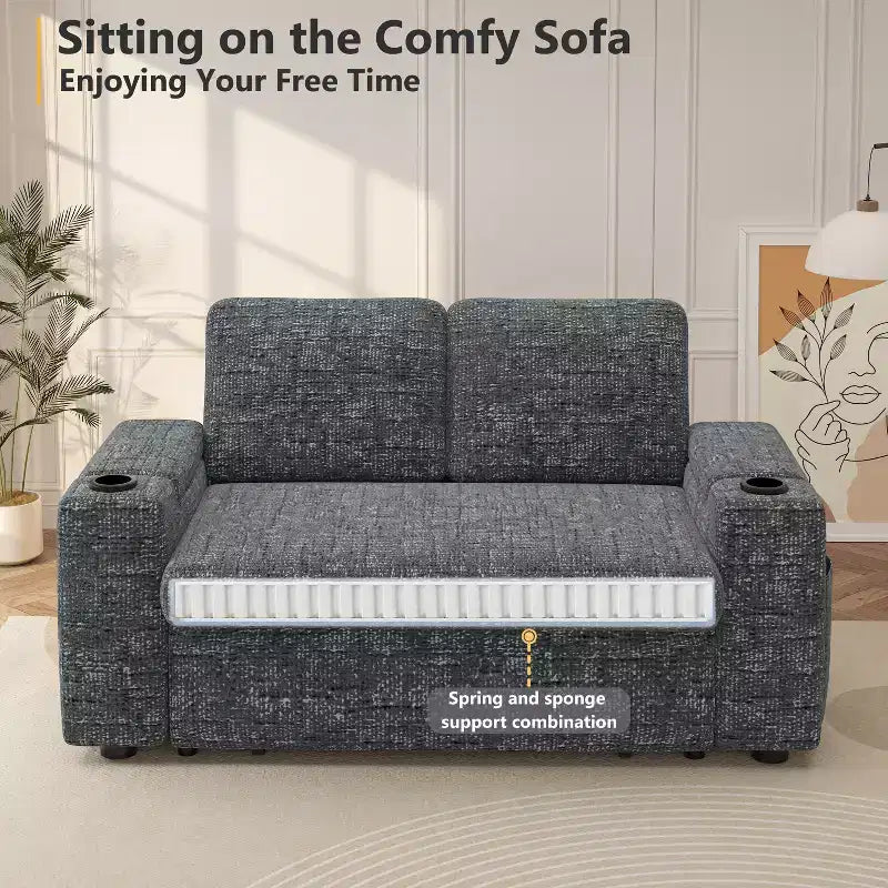 Dyonery 3 in 1 Sofa Bed,65.5 Inch Convertible Pull Out Couch,Loveseat Sleeper Sofa with Cup Holders/USB,Comfy Sofa Couches for Living Room,Bedroom