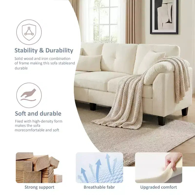 Canapé trois places Dyonery de style moderne de 194 cm avec accoudoirs et oreillers en chenille beige