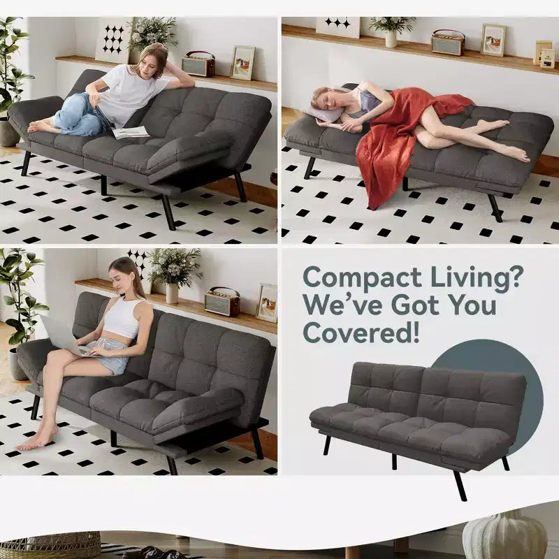 Canapé-lit convertible Dyonery Futon, Canapé-lit en lin avec mousse à mémoire de forme, Dossier et accoudoirs réglables, Petit canapé-lit multifonctionnel