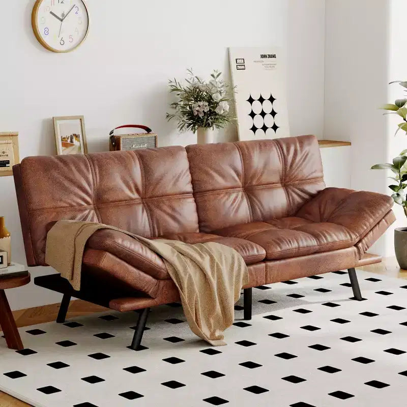 Dyonery Futon Sofa Bed Convertible Couch, Linen Sofa Bed with Memory Foam, Adjustable Backrest & Armrests, Multifunctional Small Loveseat Sleeper Sofa