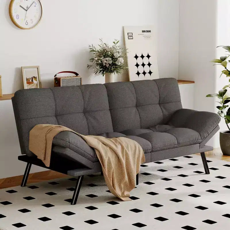 Dyonery Futon Sofa Bed Convertible Couch, Linen Sofa Bed with Memory Foam, Adjustable Backrest & Armrests, Multifunctional Small Loveseat Sleeper Sofa