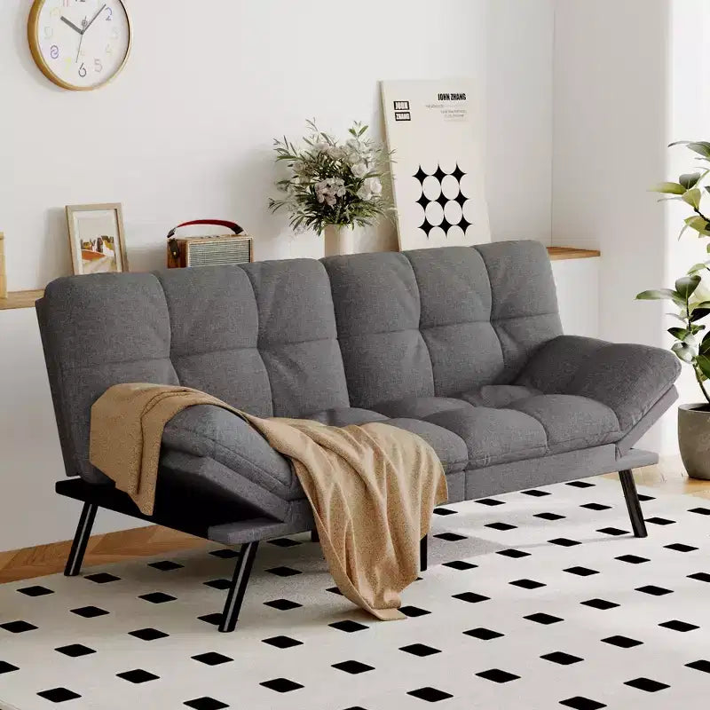 Dyonery Futon Sofa Bed Convertible Couch, Linen Sofa Bed with Memory Foam, Adjustable Backrest & Armrests, Multifunctional Small Loveseat Sleeper Sofa