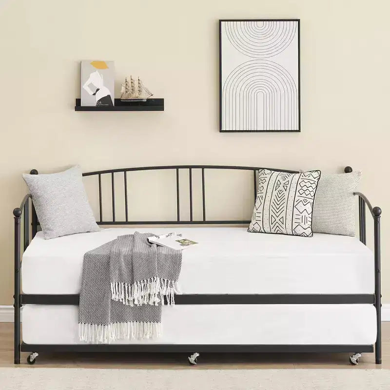 Twin Daybed Sofa with Trundle, Metal Frame Arched Headboard, Platform Bed No Box Spring Needed for Bedroom Living Room