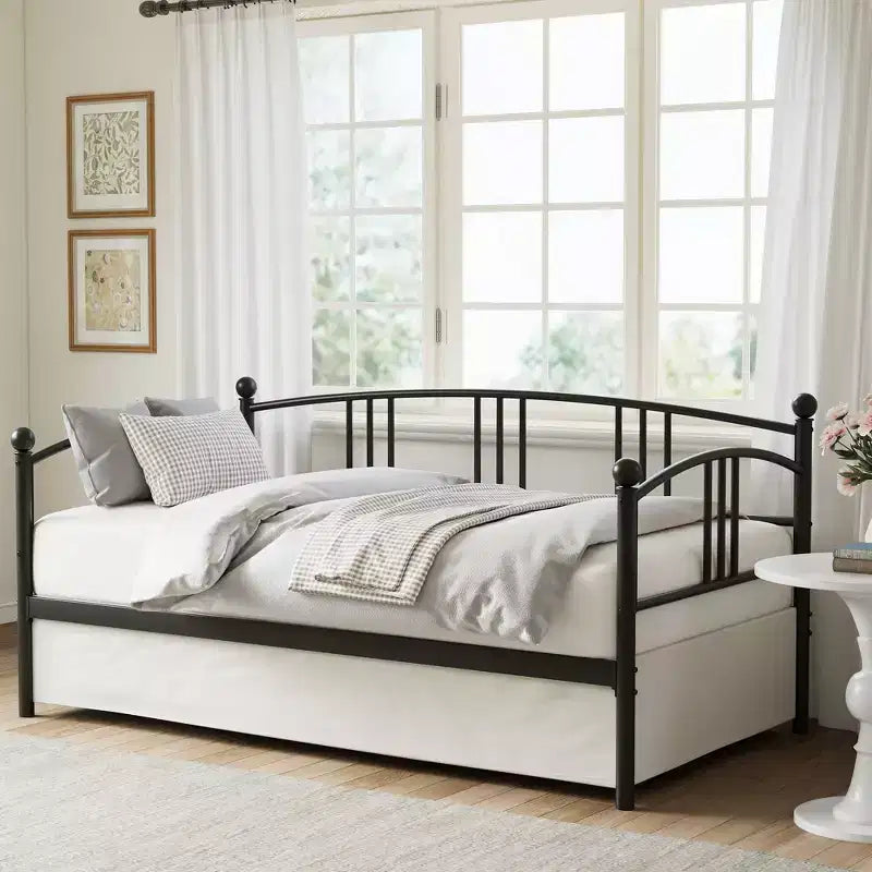 Twin Daybed Sofa with Trundle, Metal Frame Arched Headboard, Platform Bed No Box Spring Needed for Bedroom Living Room
