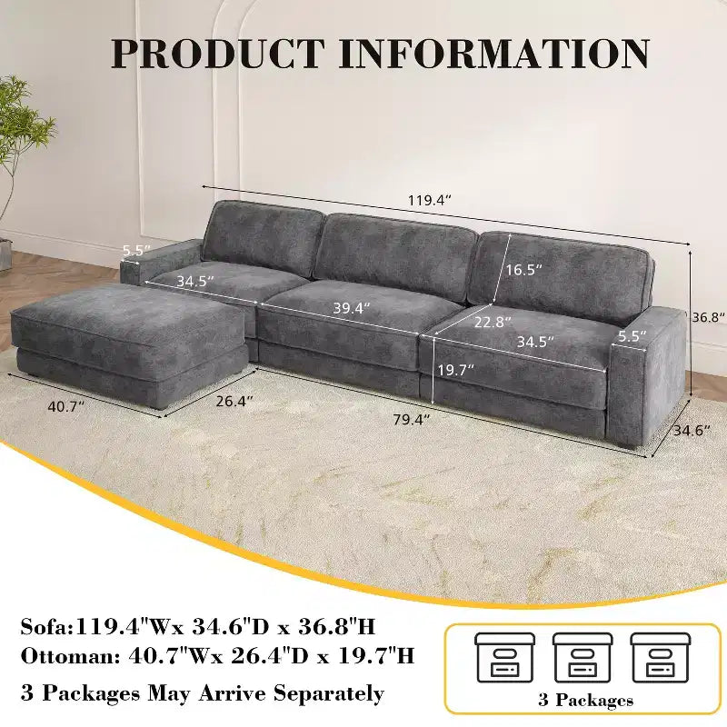 Dyonery Cloud Canapé d'angle modulaire avec poufs, en forme de L/U, canapé convertible minimaliste et confortable à assise large et profonde pour salon