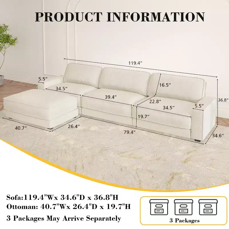 Dyonery Cloud Canapé d'angle modulaire avec poufs, en forme de L/U, canapé convertible minimaliste et confortable à assise large et profonde pour salon