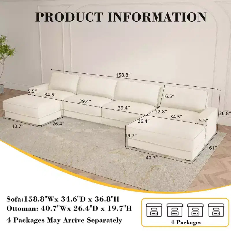 Dyonery Cloud Canapé d'angle modulaire avec poufs, en forme de L/U, canapé convertible minimaliste et confortable à assise large et profonde pour salon
