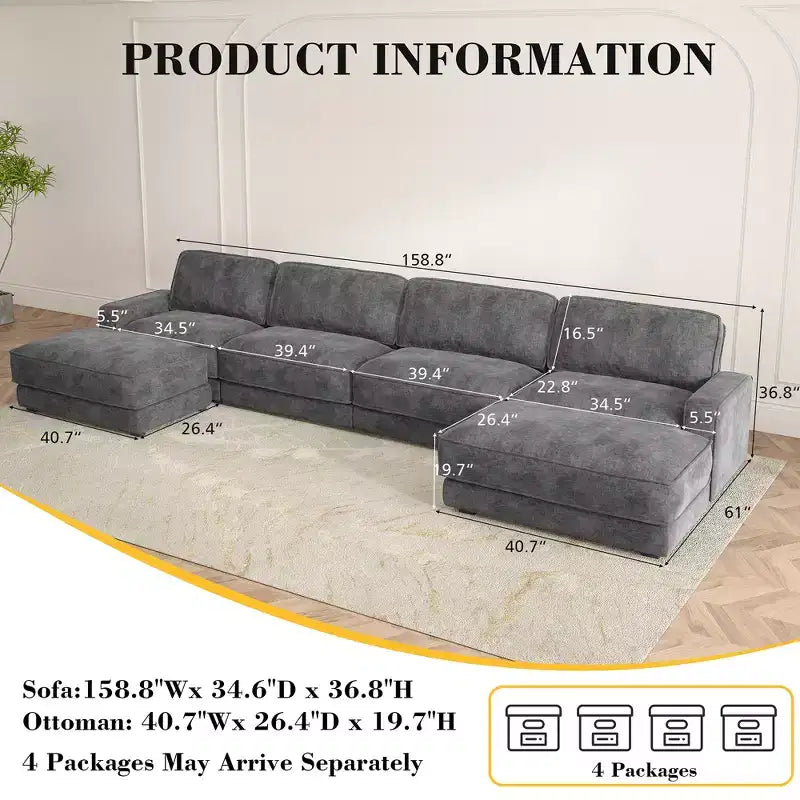 Dyonery Cloud Canapé d'angle modulaire avec poufs, en forme de L/U, canapé convertible minimaliste et confortable à assise large et profonde pour salon