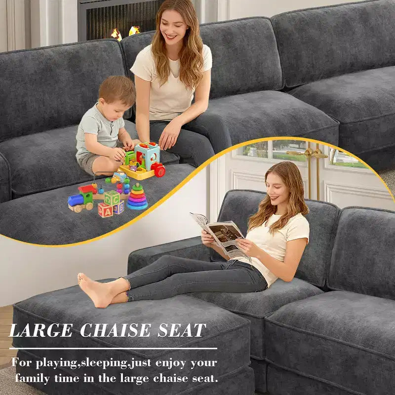 Dyonery Cloud Canapé d'angle modulaire avec poufs, en forme de L/U, canapé convertible minimaliste et confortable à assise large et profonde pour salon