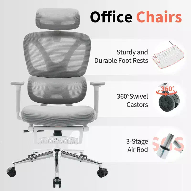 Fauteuil de bureau ergonomique en maille avec support lombaire réglable, appui-tête et repose-pieds, accoudoirs 3D, chaise pivotante pour utilisateurs corpulents