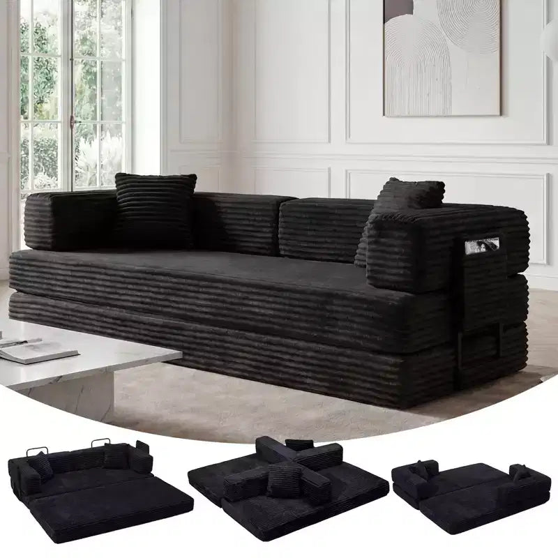 Convertible Sleeper Sofa 80.7, 5-in-1 Folding Couch Bed with Pillows, Corduroy Fabric No Assembly Sofa for Living Room, Apartment & Dorm