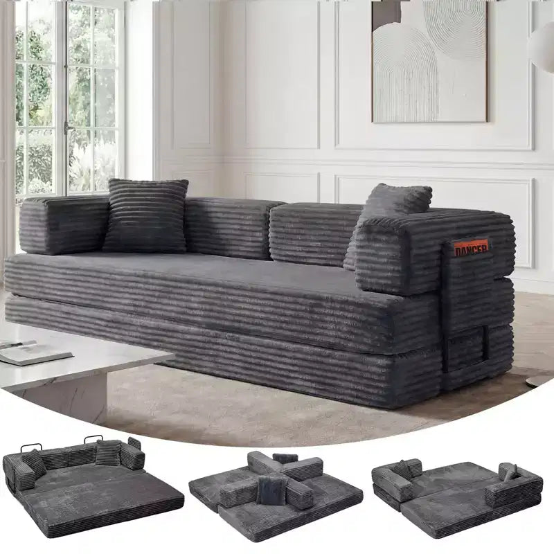Convertible Sleeper Sofa 80.7, 5-in-1 Folding Couch Bed with Pillows, Corduroy Fabric No Assembly Sofa for Living Room, Apartment & Dorm