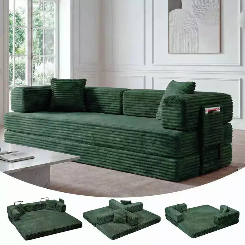 Convertible Sleeper Sofa 80.7, 5-in-1 Folding Couch Bed with Pillows, Corduroy Fabric No Assembly Sofa for Living Room, Apartment & Dorm