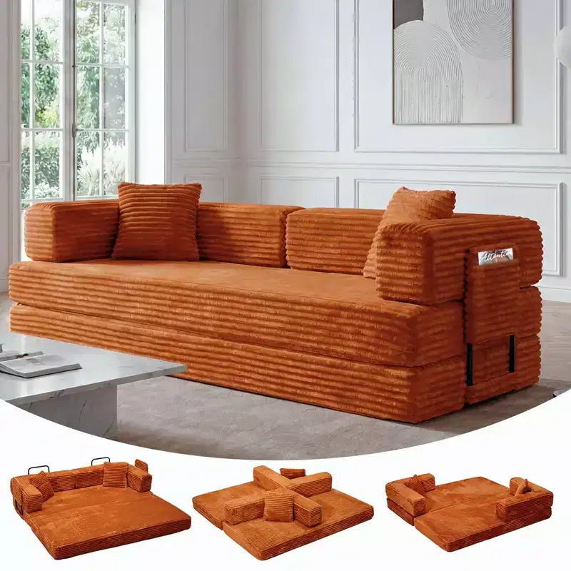 Convertible Sleeper Sofa 80.7, 5-in-1 Folding Couch Bed with Pillows, Corduroy Fabric No Assembly Sofa for Living Room, Apartment & Dorm