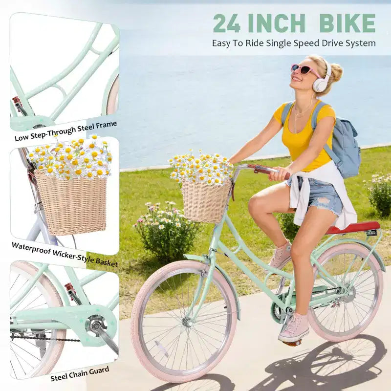 Vélo de ville NAYSAYE pour femme avec panier avant et cadre robuste pour un trajet confortable en ville, vert, 63.98*24.53*38.82