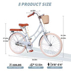 Vélo de croisière de plage NAYSAYE pour filles avec panier avant et cadre en acier robuste pour un trajet confortable en ville, bleu, 58,39 x 24,53 x 36,93
