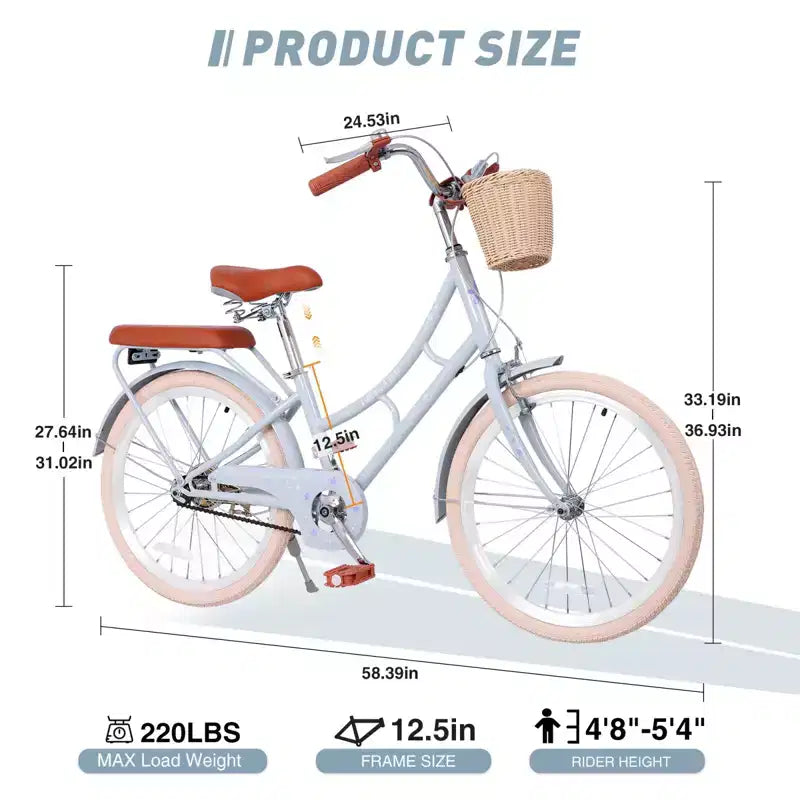 Vélo de croisière de plage NAYSAYE pour filles avec panier avant et cadre en acier robuste pour un trajet confortable en ville, bleu, 58,39 x 24,53 x 36,93
