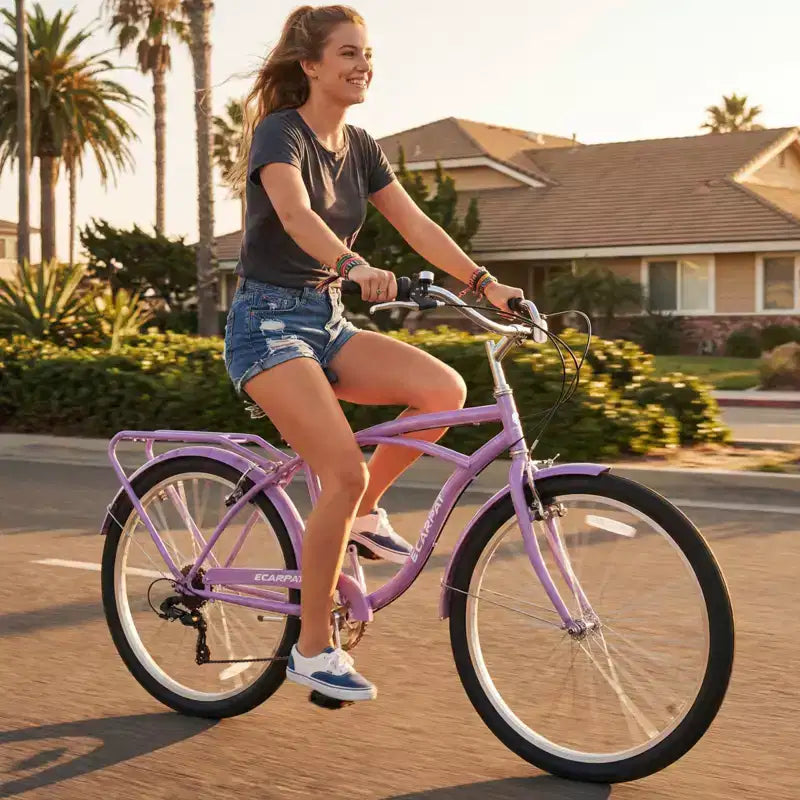 NAYSAYE 7-Speed Beach Cruiser Bike Steel Frame Alloy Wheels V-Brakes for Men Women Leisure, Purple,White, 67.8*42.51*28.74