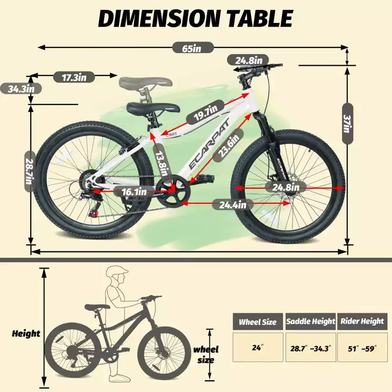 NAYSAYE 24 Inch Youth Mountain Bike with 7 Speeds Front Suspension Disc Brakes for Boys Girls Outdoor Cycling, White, 51.5*8*26.37
