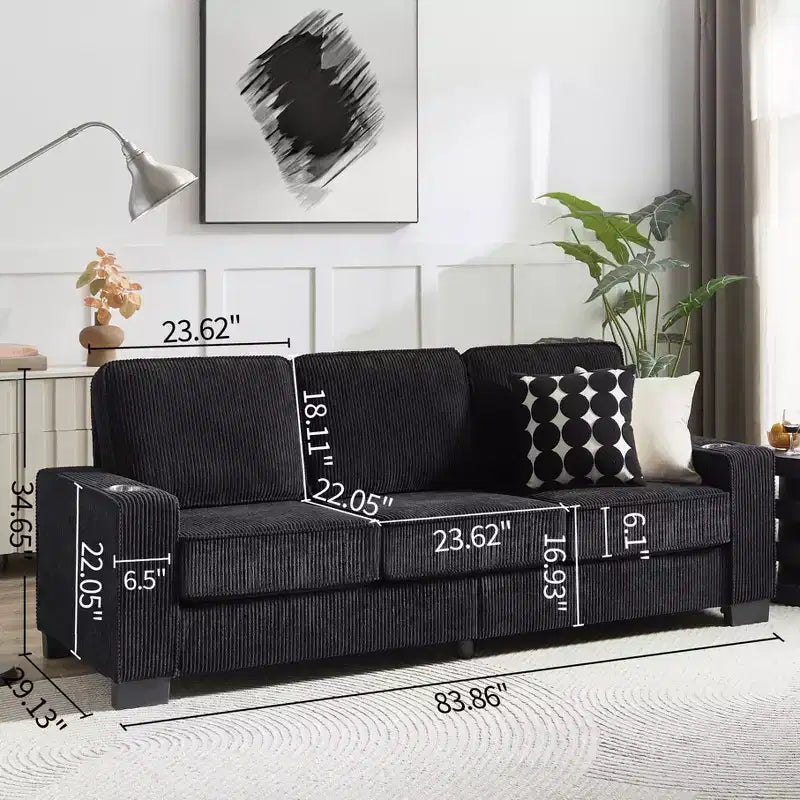 GDFStudio Everly 84 Corduroy Couch with Built-In Cup Holders