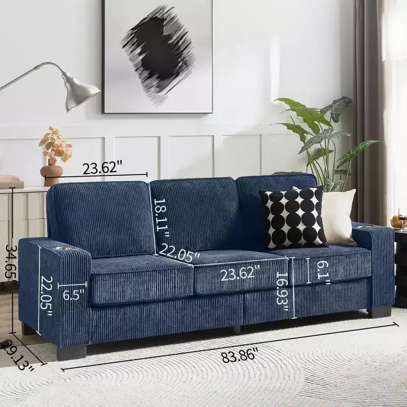 GDFStudio Everly 84 Corduroy Couch with Built-In Cup Holders