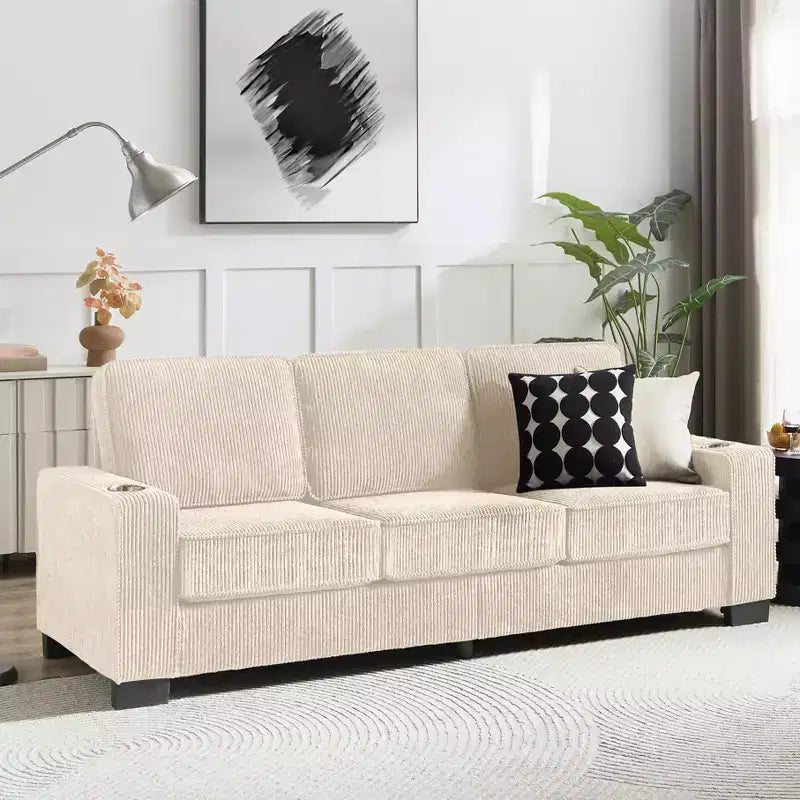 GDFStudio Everly 84 Corduroy Couch with Built-In Cup Holders
