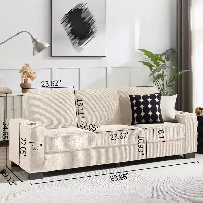 GDFStudio Everly 84 Corduroy Couch with Built-In Cup Holders