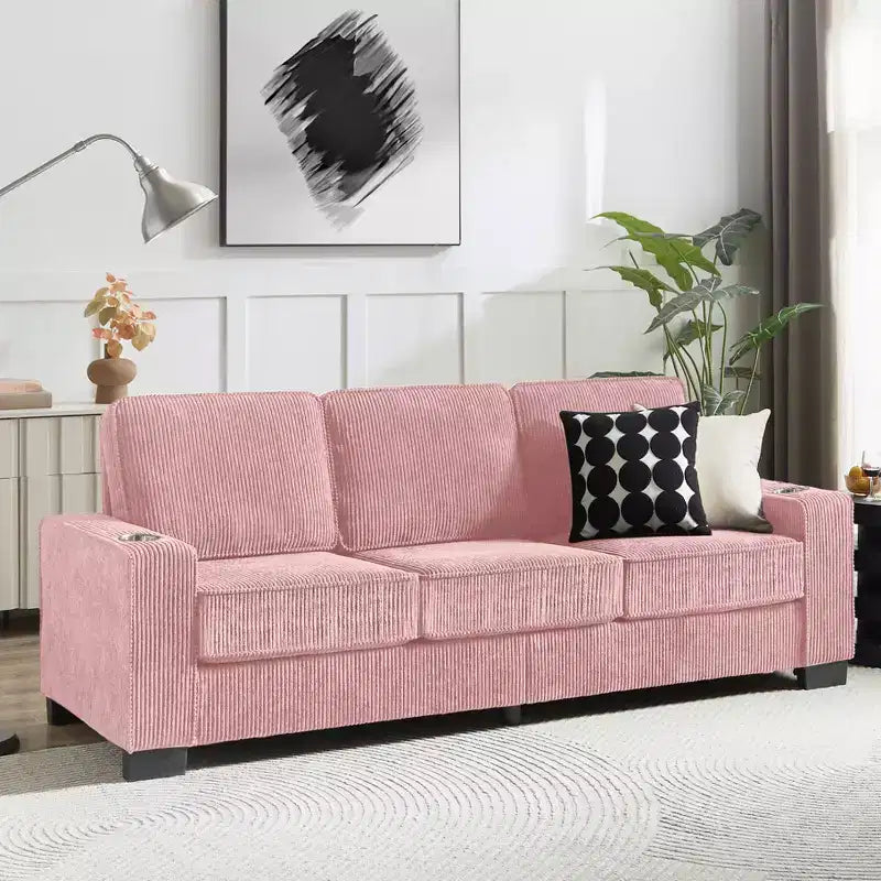 GDFStudio Everly 84 Corduroy Couch with Built-In Cup Holders