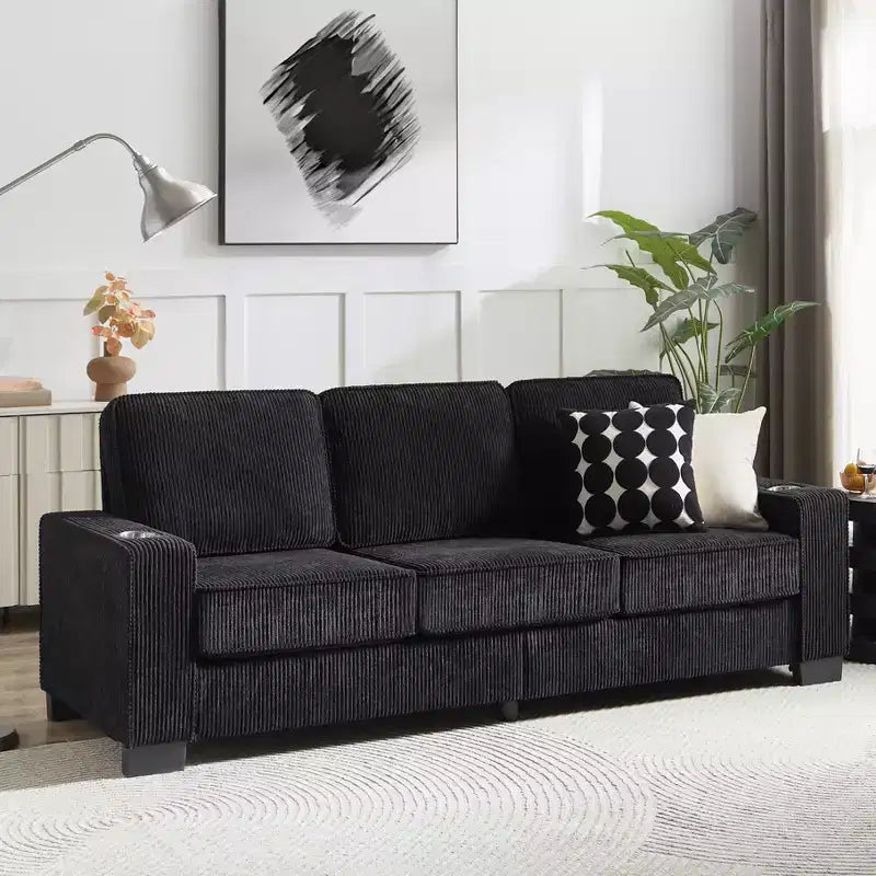 GDFStudio Everly 84 Corduroy Couch with Built-In Cup Holders