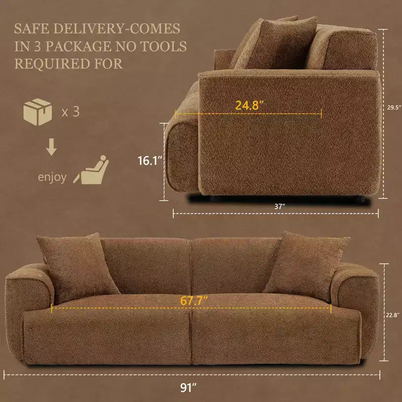 91 Modern Sofa Couch, Comfy Deep Seat Teddy Cloud Sofa, Upholstered 3-Seater Boucle Couch, Oversized Loveseat for Living Room, Bedroom