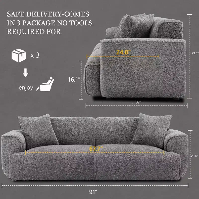 91 Modern Sofa Couch, Comfy Deep Seat Teddy Cloud Sofa, Upholstered 3-Seater Boucle Couch, Oversized Loveseat for Living Room, Bedroom