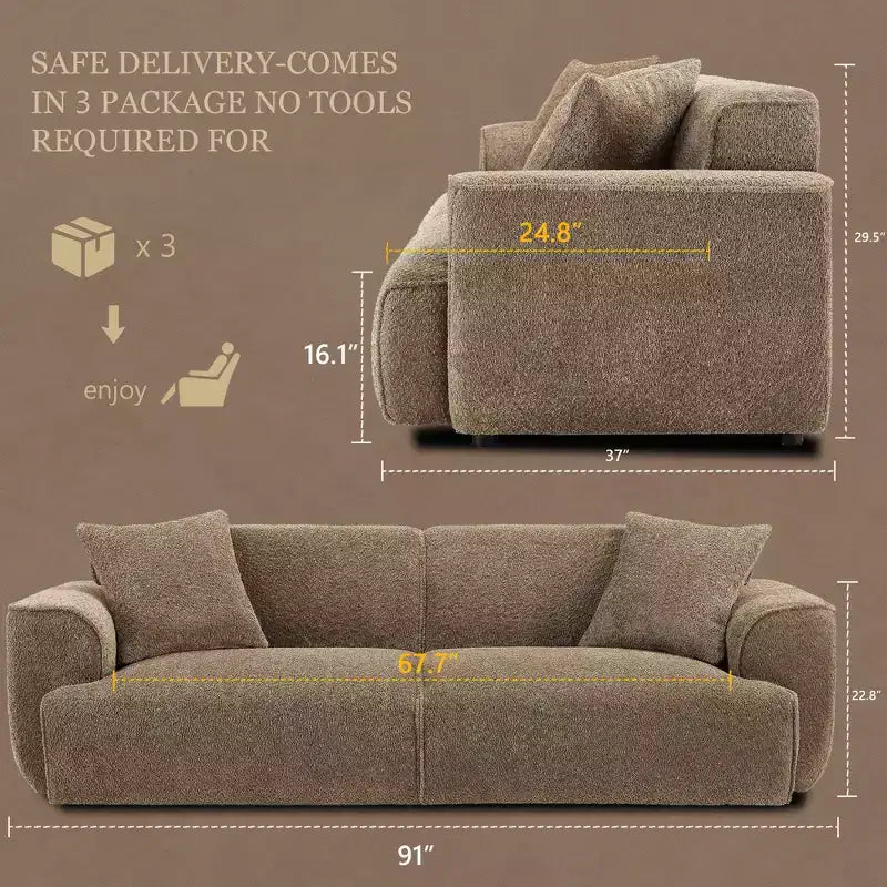 91 Modern Sofa Couch, Comfy Deep Seat Teddy Cloud Sofa, Upholstered 3-Seater Boucle Couch, Oversized Loveseat for Living Room, Bedroom