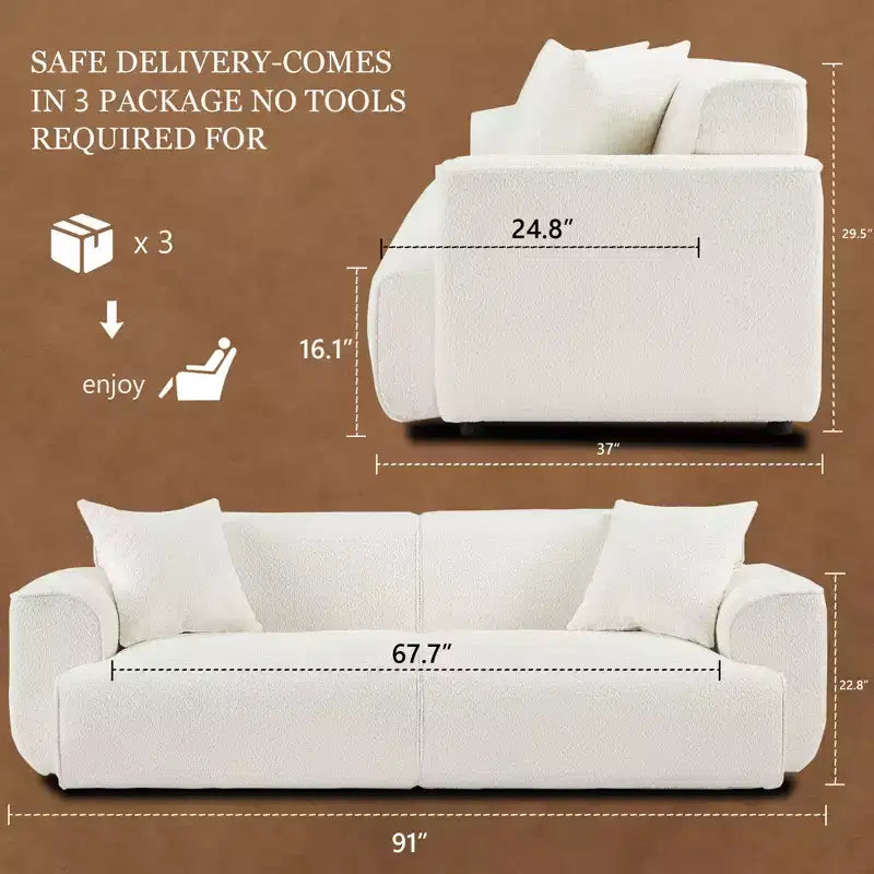 91 Modern Sofa Couch, Comfy Deep Seat Teddy Cloud Sofa, Upholstered 3-Seater Boucle Couch, Oversized Loveseat for Living Room, Bedroom