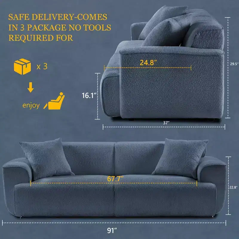 91 Modern Sofa Couch, Comfy Deep Seat Teddy Cloud Sofa, Upholstered 3-Seater Boucle Couch, Oversized Loveseat for Living Room, Bedroom