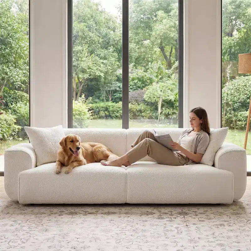 91 Modern Sofa Couch, Comfy Deep Seat Teddy Cloud Sofa, Upholstered 3-Seater Boucle Couch, Oversized Loveseat for Living Room, Bedroom