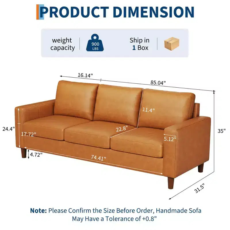 Canapé en cuir PU marron, canapé moderne du milieu du siècle 83, canapé 3 places avec accoudoirs et coussins confortables, canapé en cuir avec assise profonde de 22,83