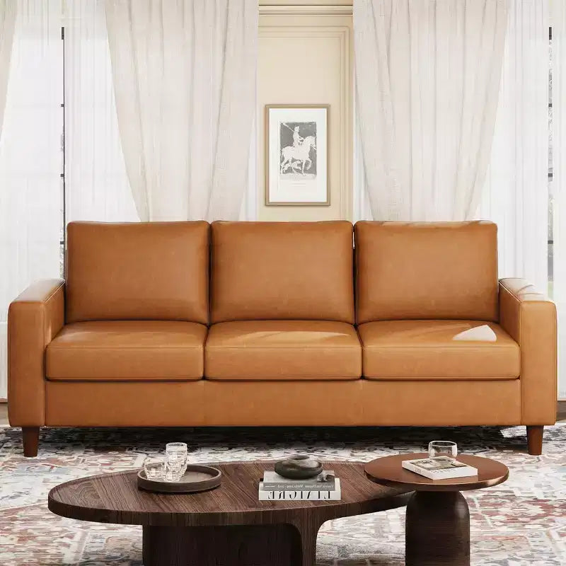 Canapé en cuir PU marron, canapé moderne du milieu du siècle 83, canapé 3 places avec accoudoirs et coussins confortables, canapé en cuir avec assise profonde de 22,83