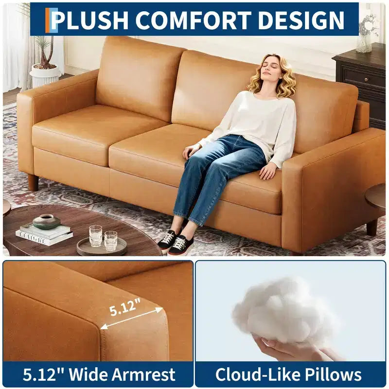 Canapé en cuir PU marron, canapé moderne du milieu du siècle 83, canapé 3 places avec accoudoirs et coussins confortables, canapé en cuir avec assise profonde de 22,83