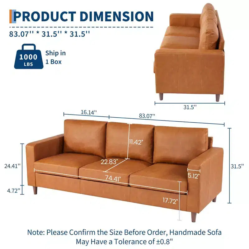 Canapé en cuir PU marron, canapé moderne du milieu du siècle 83, canapé 3 places avec accoudoirs et coussins confortables, canapé en cuir avec assise profonde de 22,83