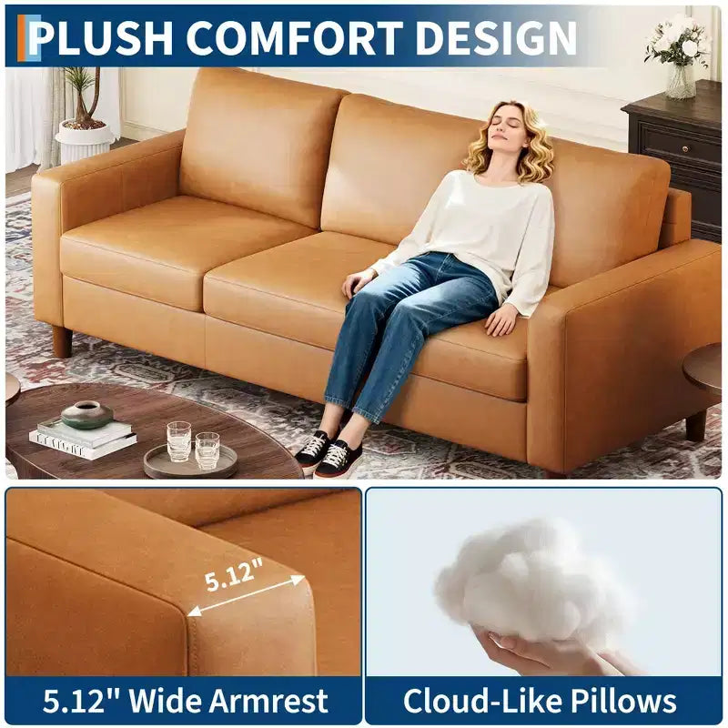 Canapé en cuir PU marron, canapé moderne du milieu du siècle 83, canapé 3 places avec accoudoirs et coussins confortables, canapé en cuir avec assise profonde de 22,83