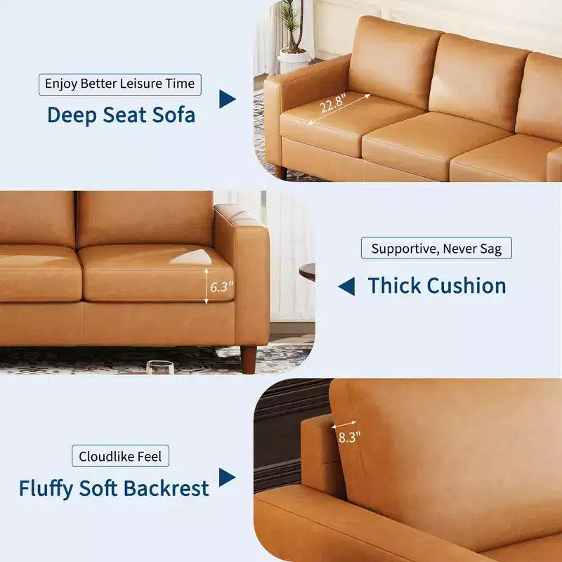 Canapé en cuir PU marron, canapé moderne du milieu du siècle 83, canapé 3 places avec accoudoirs et coussins confortables, canapé en cuir avec assise profonde de 22,83