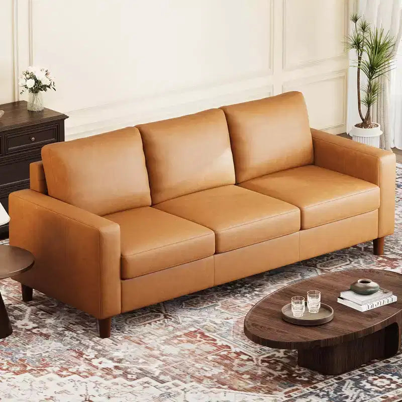 Brown PU Leather Sofa, 83 Mid-Century Modern Couch, 3-Seater Sofa with Armrests and Comfy Cushions, 22.83 Deep Seat Leather Couch