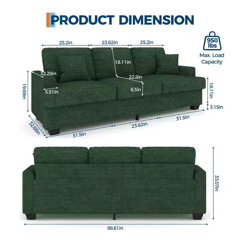 86 Faux Leather Sofa, 3-Seater Couch with Deep Seats, 2 Removable Back Cushions & 2 Throw Pillows, Waterproof, for Living Room or Office, Black