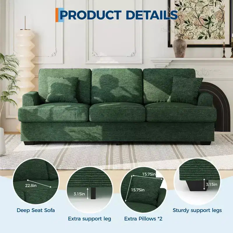 86 Faux Leather Sofa, 3-Seater Couch with Deep Seats, 2 Removable Back Cushions & 2 Throw Pillows, Waterproof, for Living Room or Office, Black