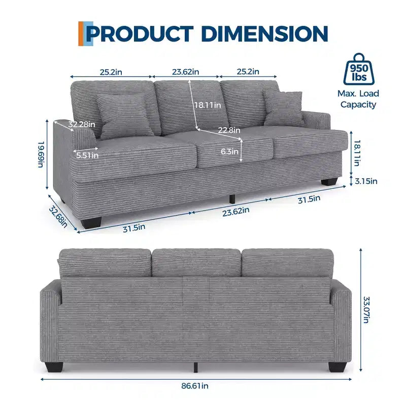 86 Faux Leather Sofa, 3-Seater Couch with Deep Seats, 2 Removable Back Cushions & 2 Throw Pillows, Waterproof, for Living Room or Office, Black